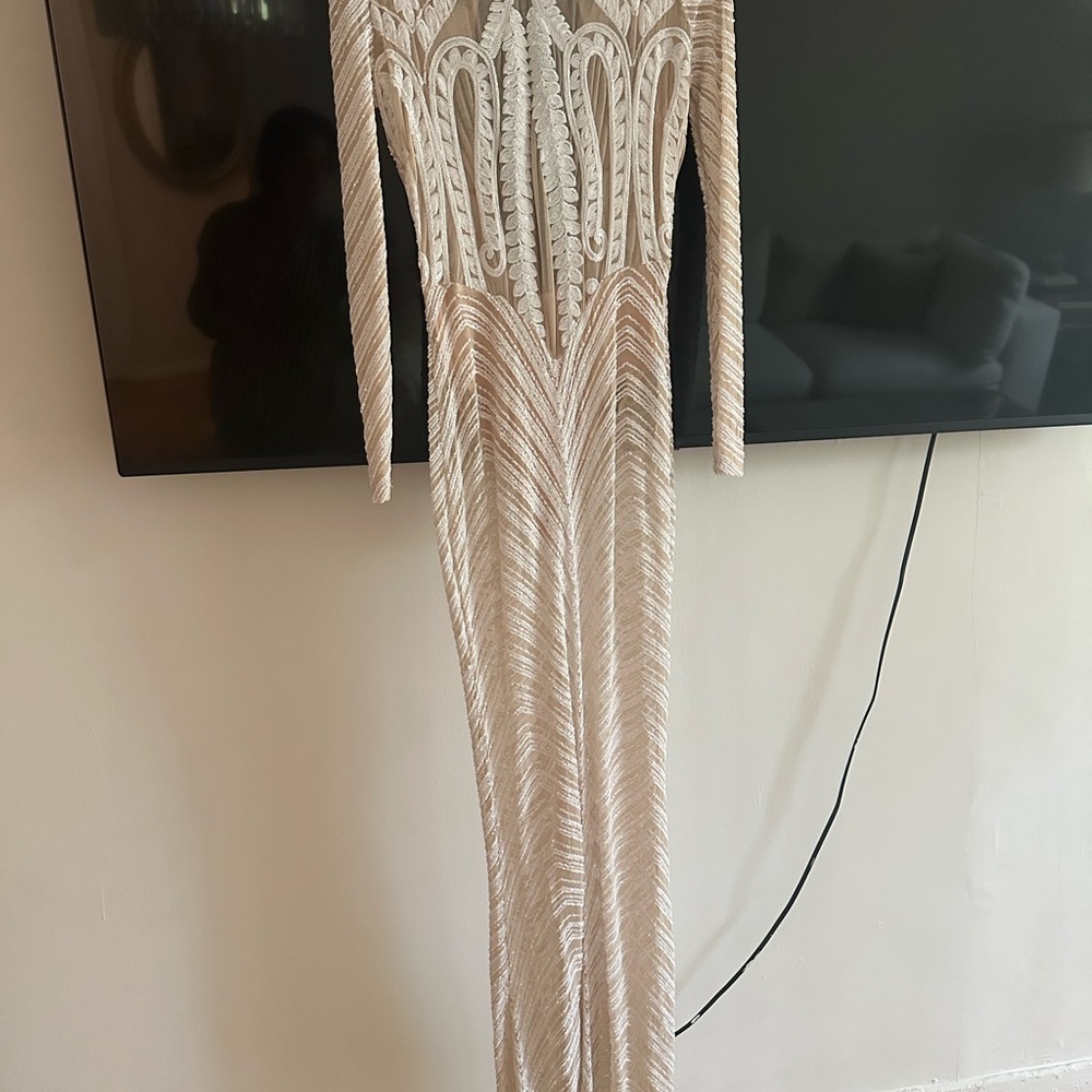 Cream Sequin Embellished Gown for Prom